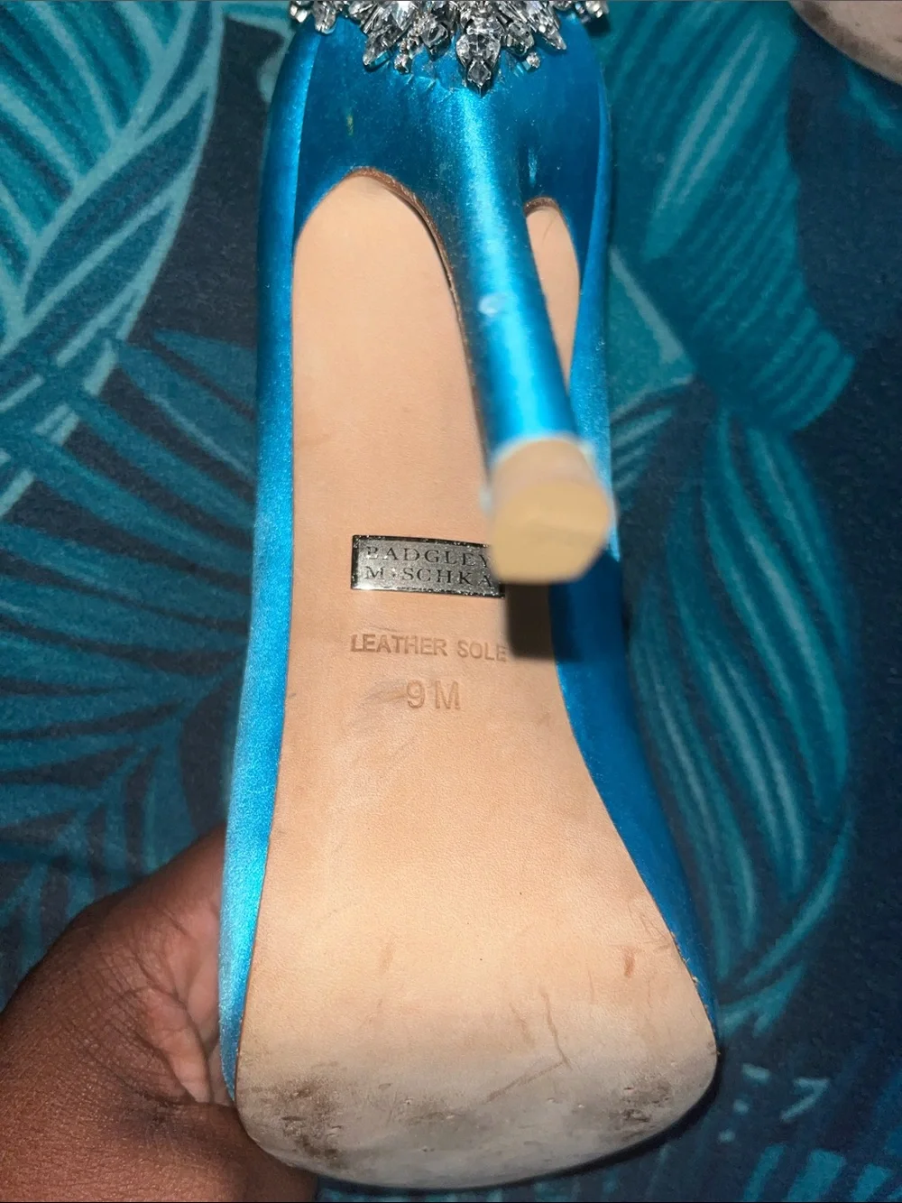 Badgley Mischka Turquoise Satin Peep-Toe Heels with Crystal Accent